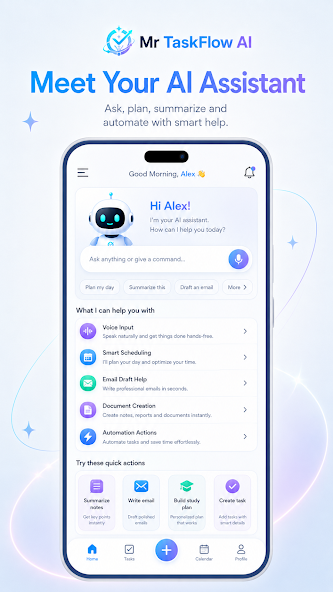 Mr TaskFlow AI assistant screen with voice input, scheduling, email, documents, and automation actions