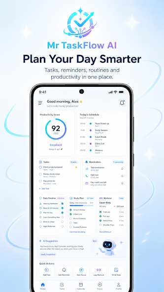 Mr TaskFlow AI dashboard showing productivity score, schedule, tasks, reminders, routines, and AI suggestions