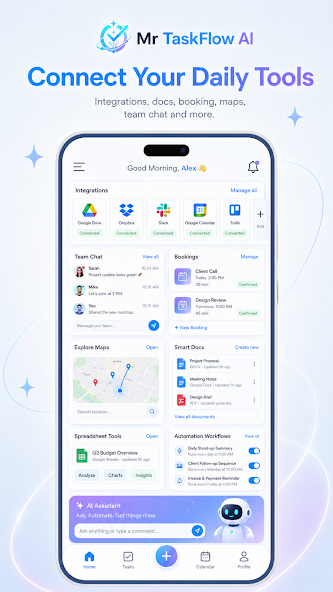 Connected daily tools including integrations, chat, bookings, maps, documents, spreadsheets, automations, and AI