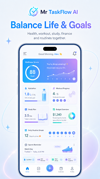 Wellness dashboard with health score, hydration, workout, study, budget, routine, and sports
